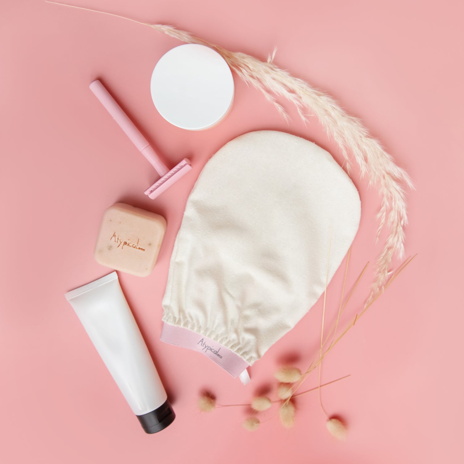 Shaving kit,  pink eco razor, silk exfoliating glove and shaving bar 